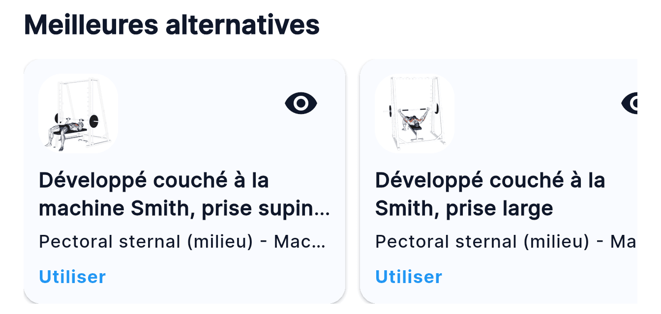 French app screenshot: alternatives to the Smith machine bench press.