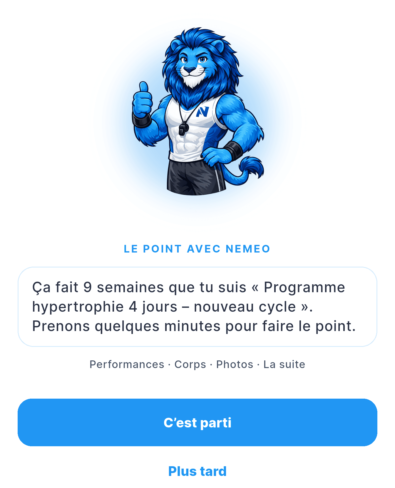 French app screenshot: Nemeo suggests a check-in after 9 weeks on the same program.
