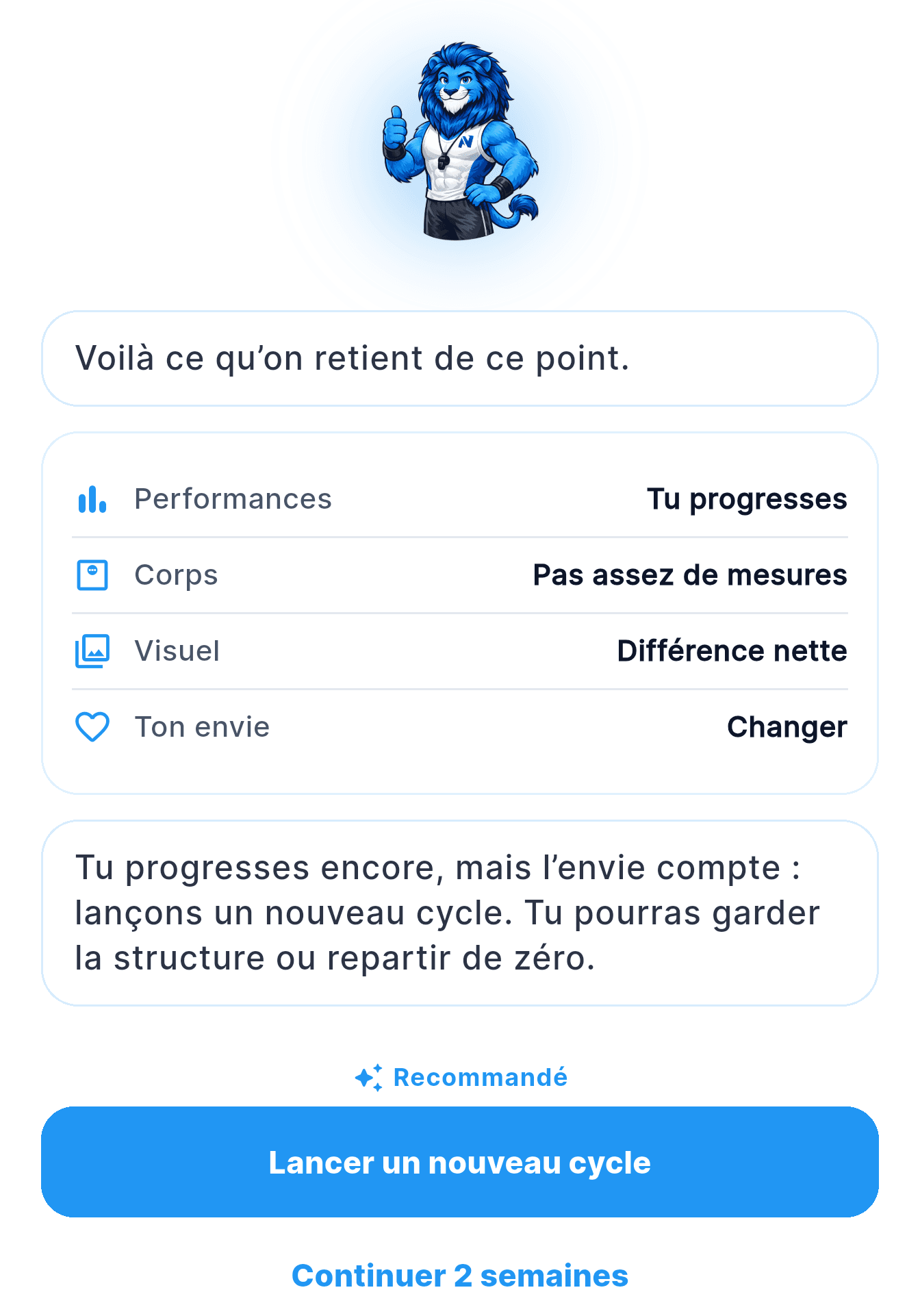 French app screenshot: at the end of the check-in, Nemeo recommends starting a new cycle.