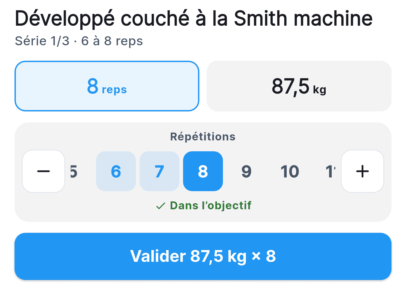 French app screenshot: recording a set of 8 repetitions at 87.5 kg.