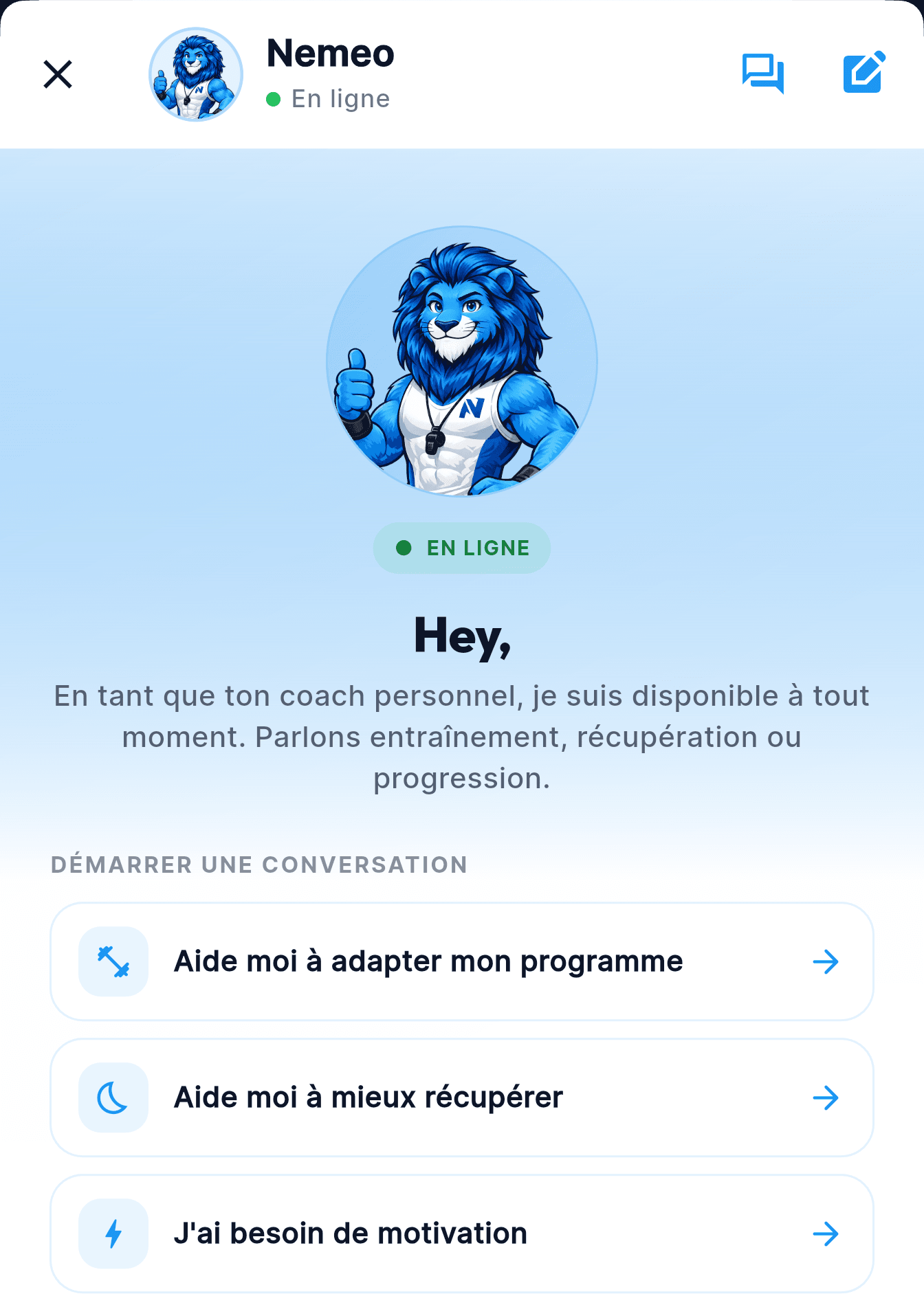 French app screenshot: the renewed Nemeo coach welcome screen offers questions about training plans, recovery and motivation.
