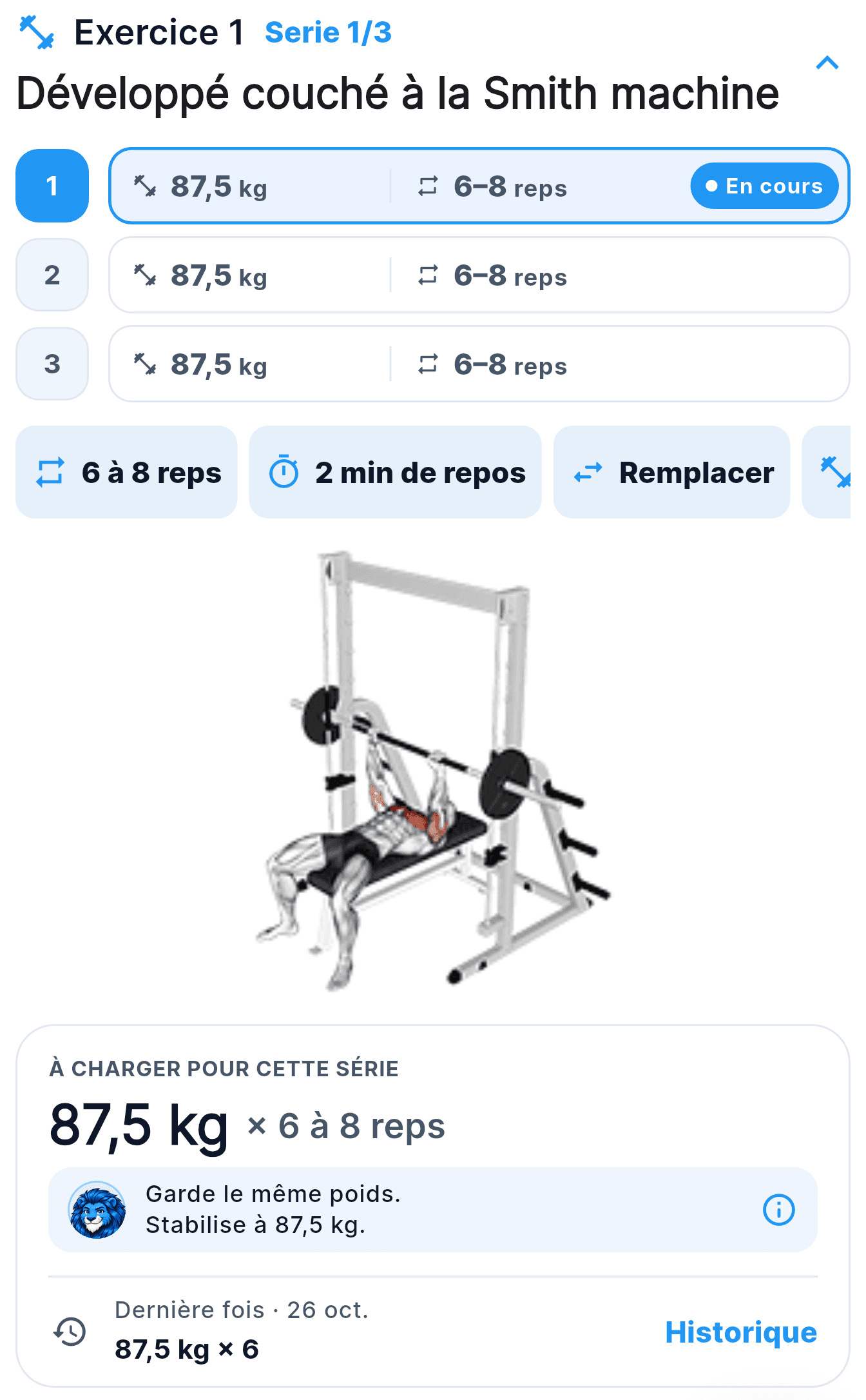 An in-progress strength-training session recorded in the Nemeo app